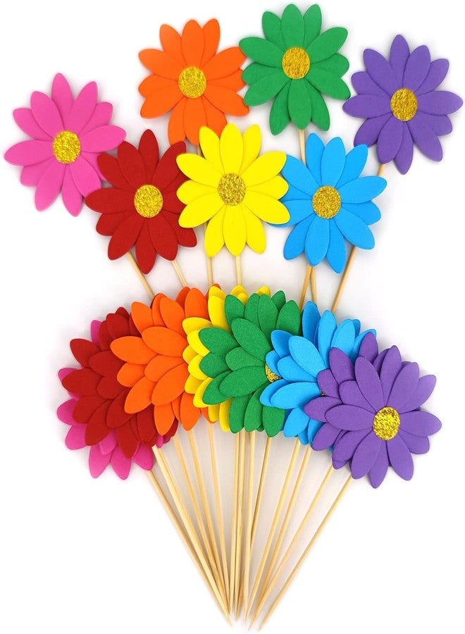Incrizma Blush Pink Daisy Party Picks Cupcake Toppers Toothpicks Food Picks Girls Baby Shower Birthday Party Decorations Pack of 12 (Rianbow Daisy Picks) - Image 1